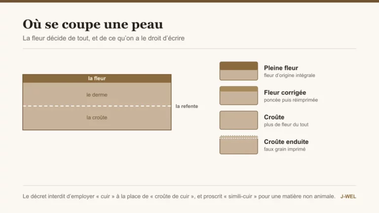 Coupe d'une peau animale montrant la fleur, le derme et la croûte, et les quatre matières qu'on en tire