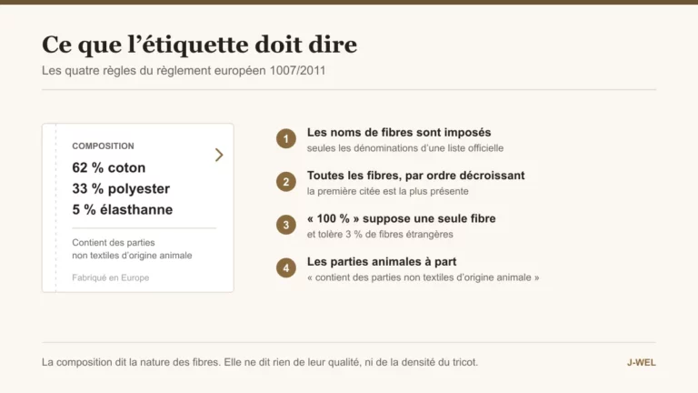 Une étiquette de composition et les quatre règles du règlement européen 1007/2011